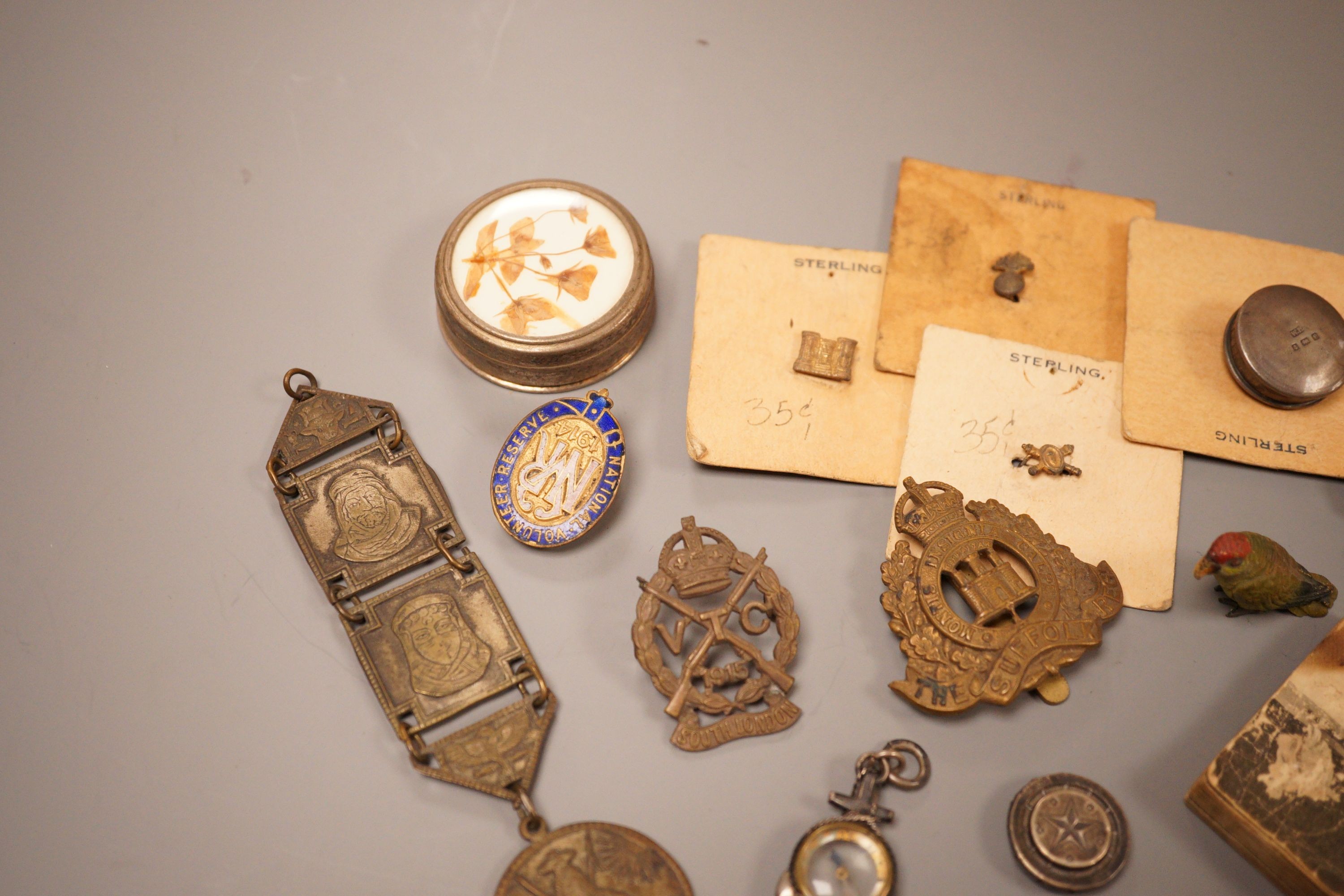 A selection of various miscellaneous items, to include a George III silver vinaigrette, a military pin badge, an Edwardian flick book, a cold painted parrot, and others.